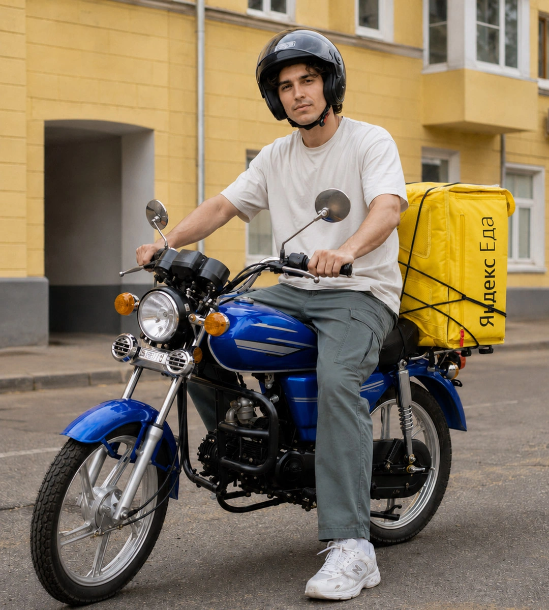 Мотокурьер в шлеме на синем мотоцикле с термосумкой